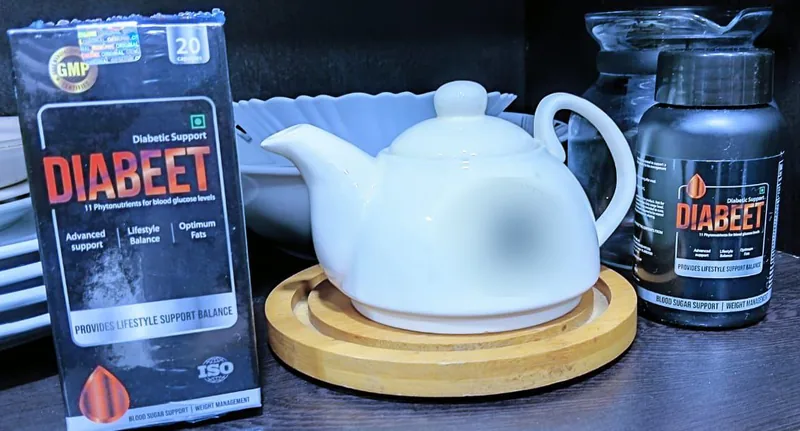 Diabeet capsule pack and bottle in a kitchen cupboard